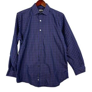 Kenneth Cole Mens Slim Fit Plaid Dress Shirt 16 32/33 Purple Black WHITE DOTS‎